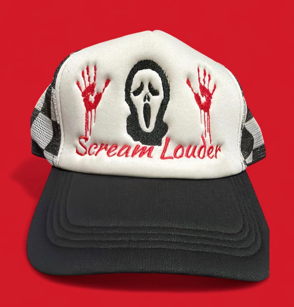 Scream Louder Black and White Checkered Trucker Hat Embroidered
