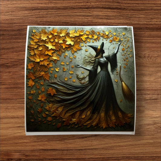 Witch with Golden Leaves UV Sticker